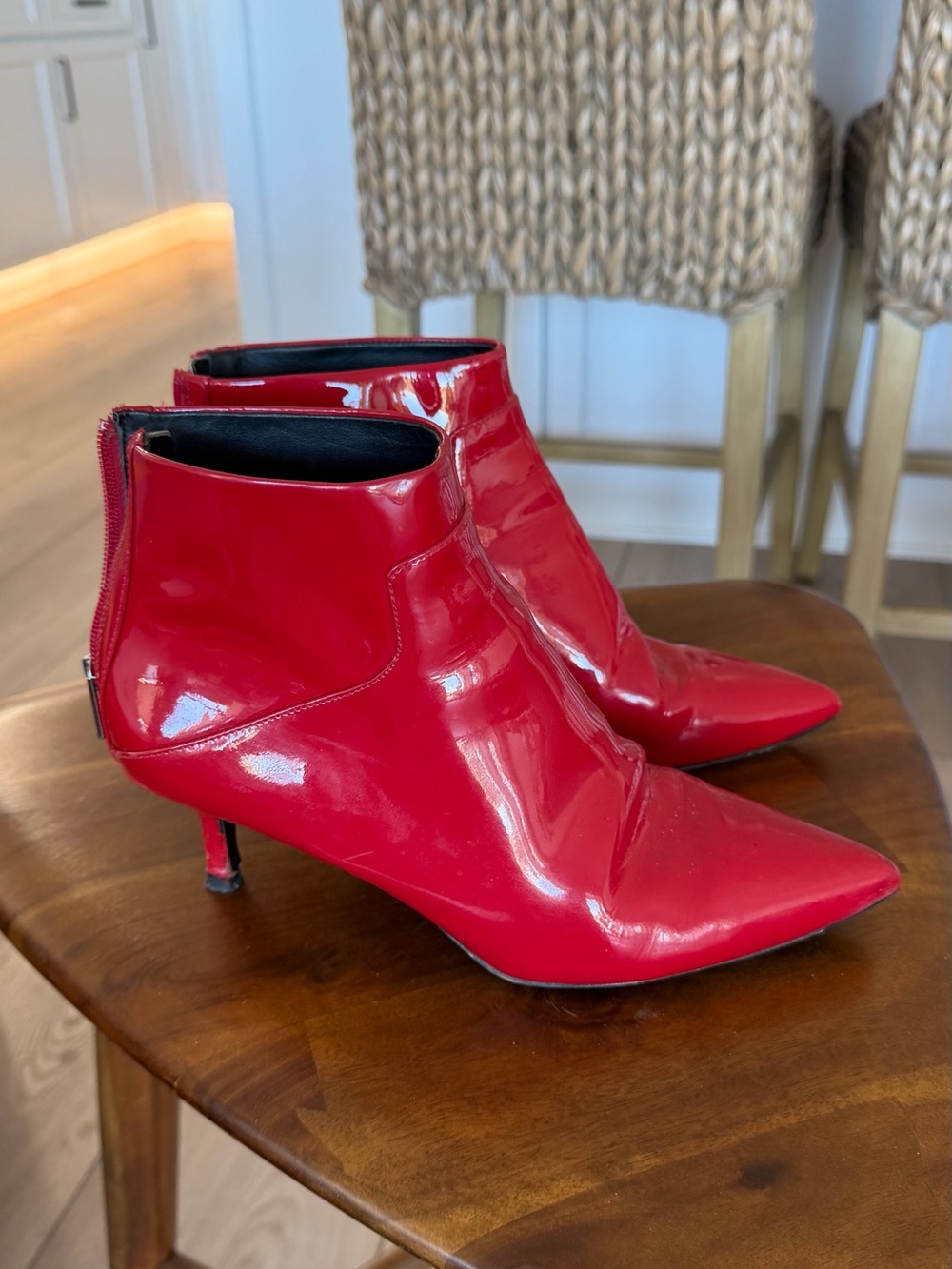 Red Patent Pointed-Toe Ankle Boots